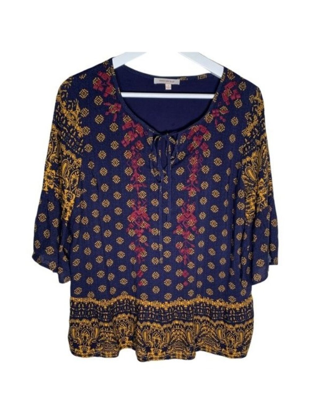 Skies Are Blue Peasant Top Women's Small Blue Bell Sleeve Boho Blouse